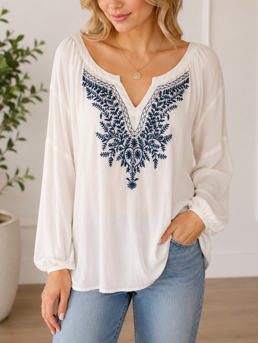 LUCKY BRAND | Women's White Blue Floral Embroidered Semi-Sheer Blouse Size XS